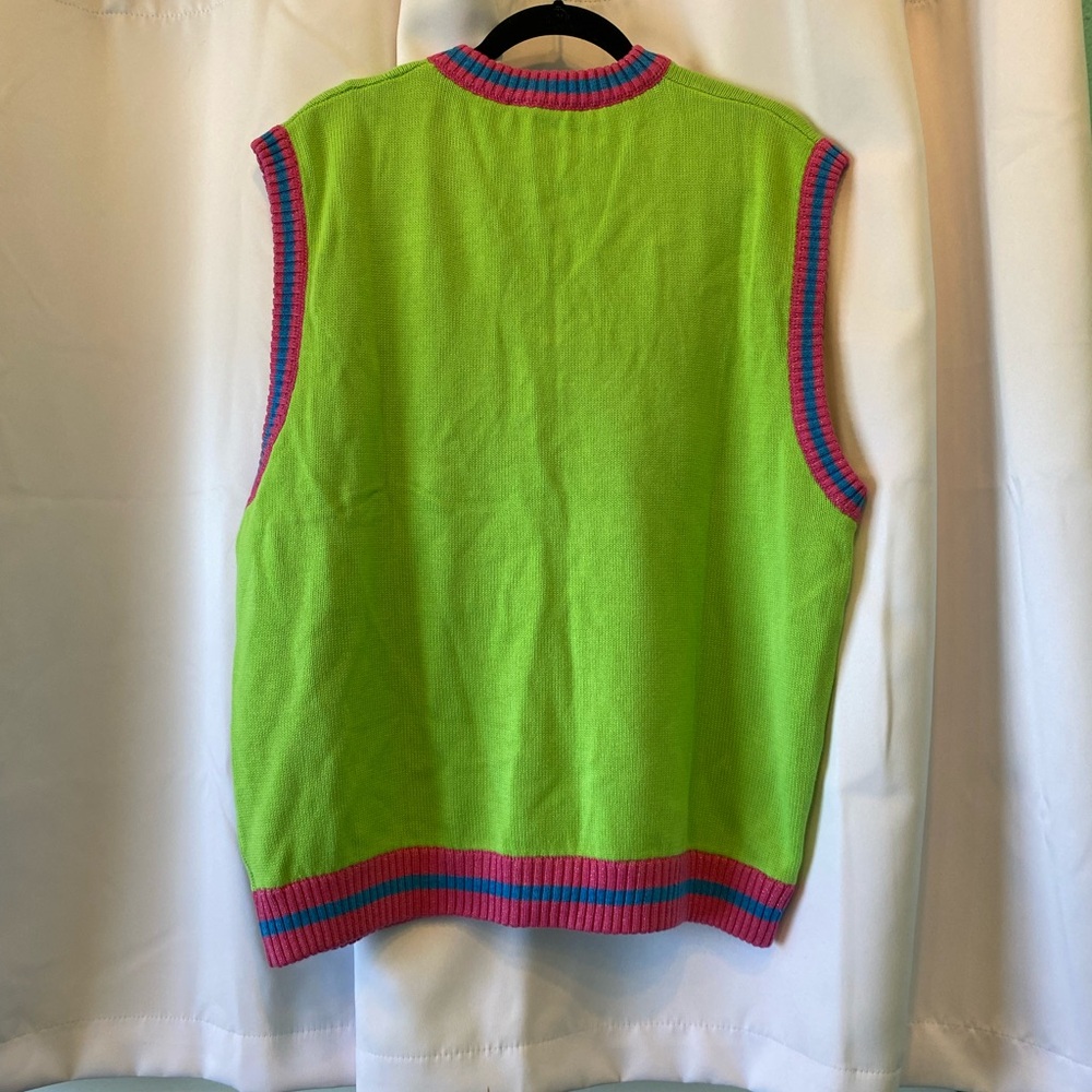 Teddy Fresh Neon Lime & Hot Pink Trim Knit Vest size XL - Picture 2 of 3